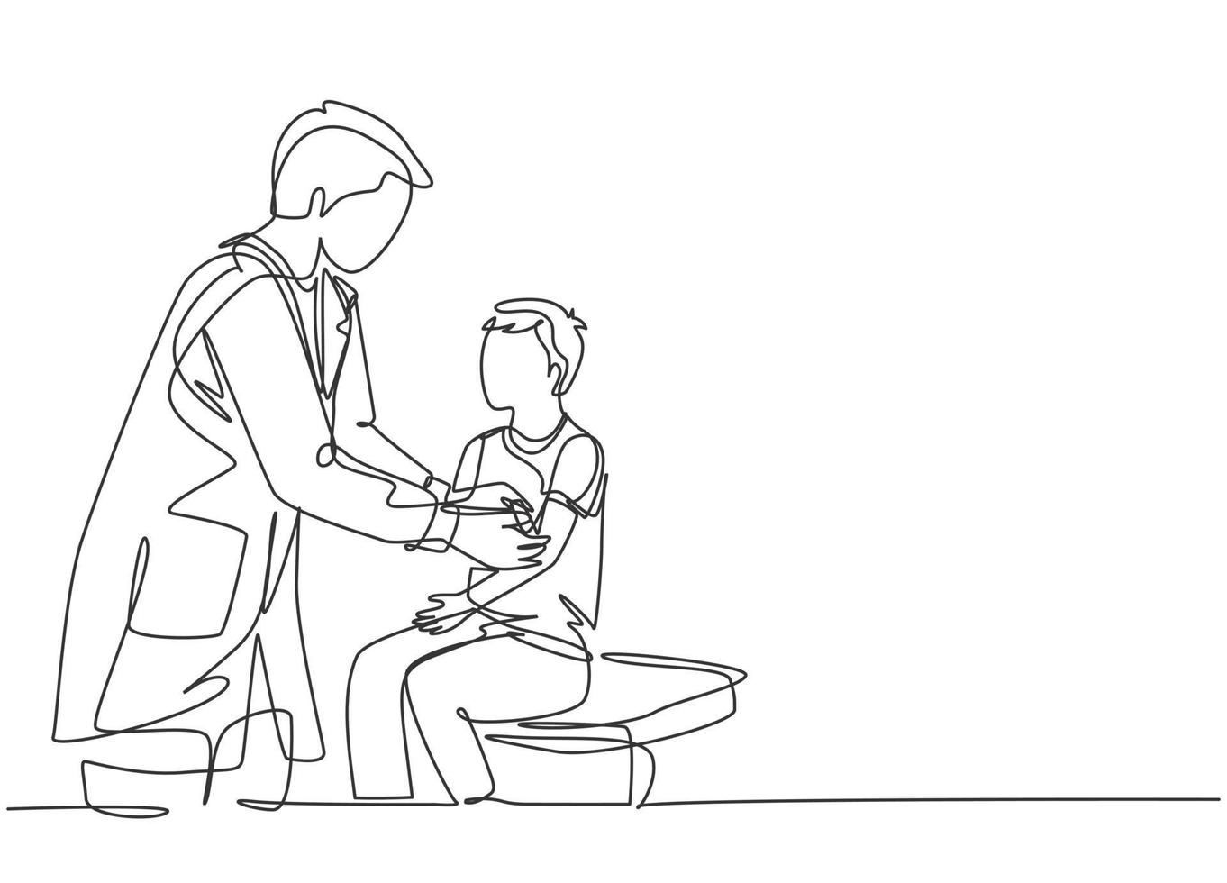 One single line drawing of male doctor giving medical aid treatment by attaching a bandage to injured little boy patient. Medical treatment concept continuous line draw design vector illustration