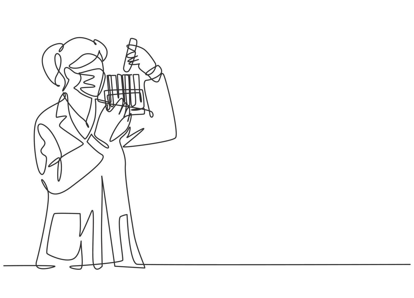 One continuous line drawing of young female laboratorian analyze formula on glass tube to find covid19 vaccine at laboratory. Coronavirus medical research concept single line draw design illustration vector