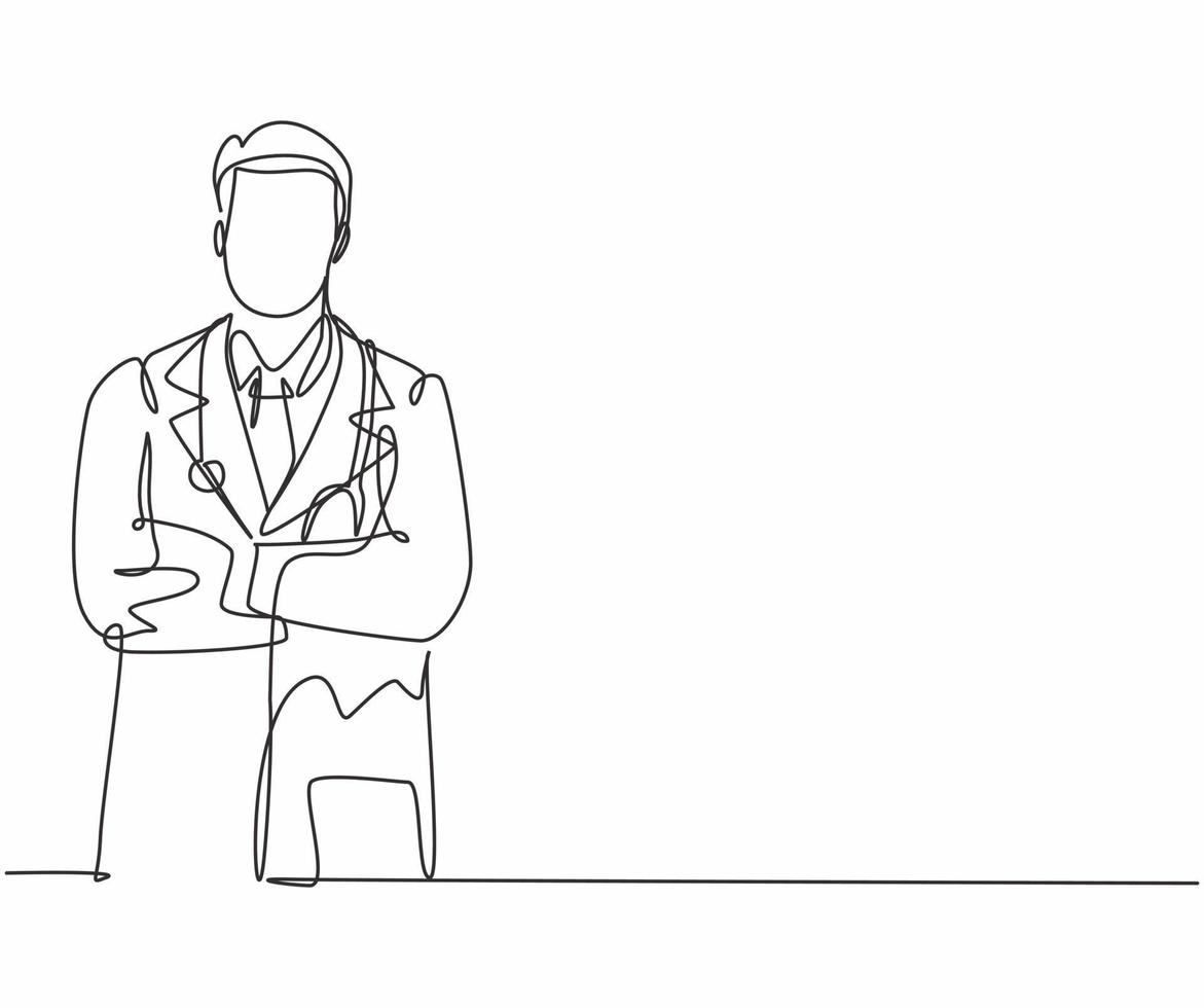 Single continuous line drawing of young happy male doctor pose standing manly cross his hand on chest. Medical health care service workers concept one line draw design vector graphic illustration