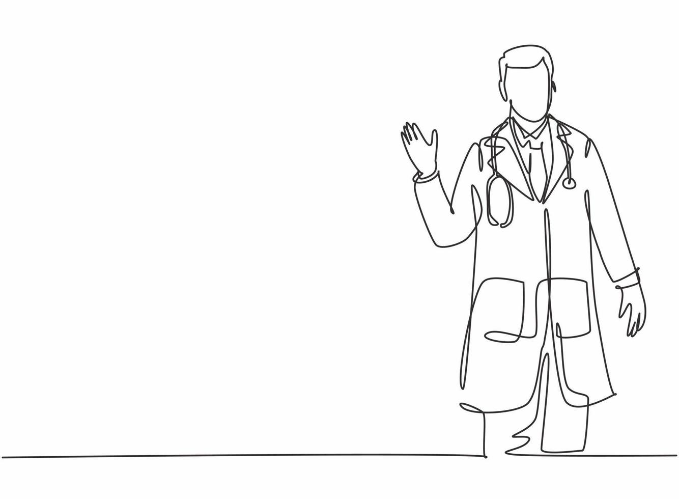 Single continuous line drawing of young happy male doctor giving warm welcome greeting gesture to the patients. Medical health care service workers concept one line draw design vector illustration