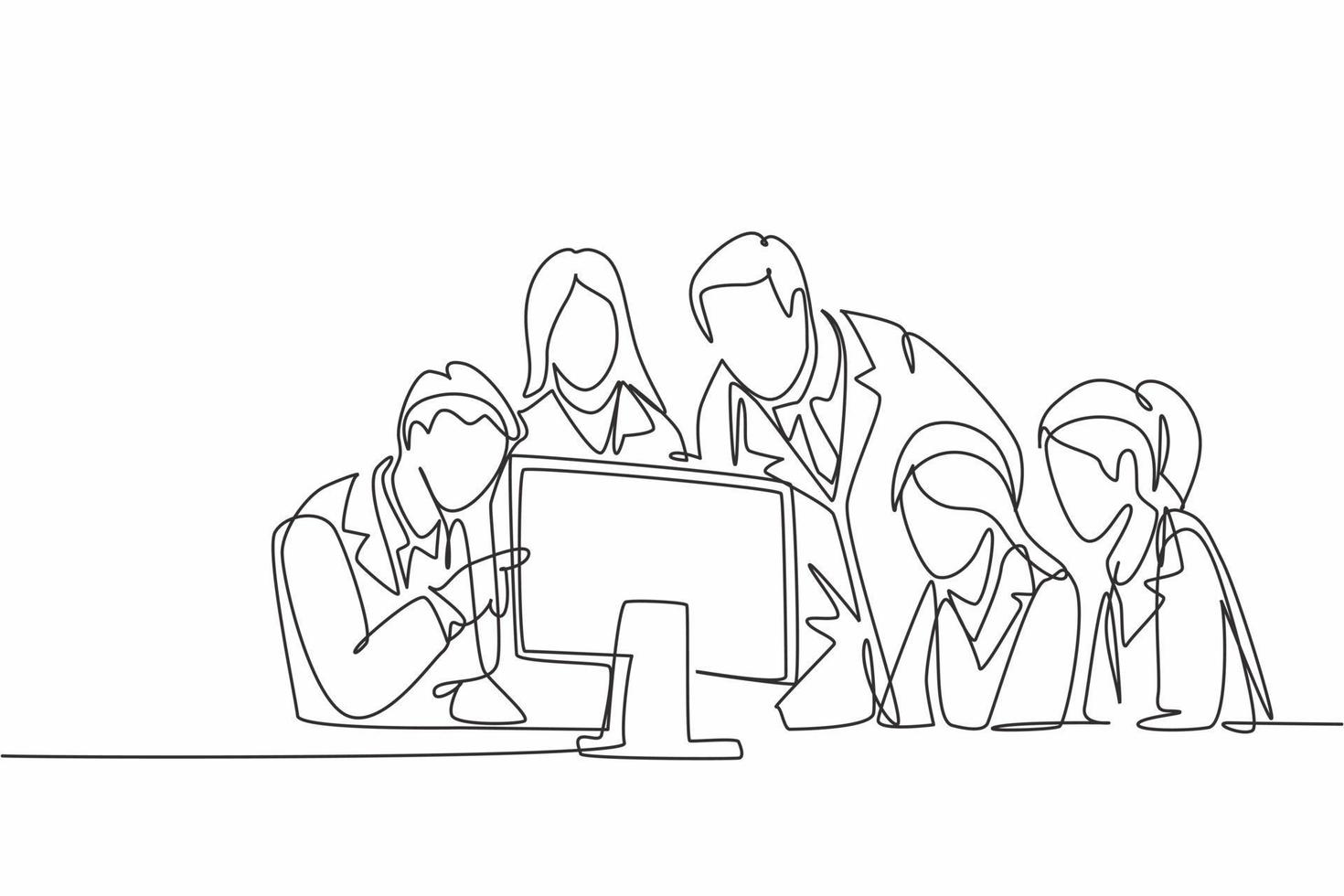 One continuous line drawing group of male and female doctor discus while watching patient health medical report on computer. Hospital health care concept single line draw design vector illustration