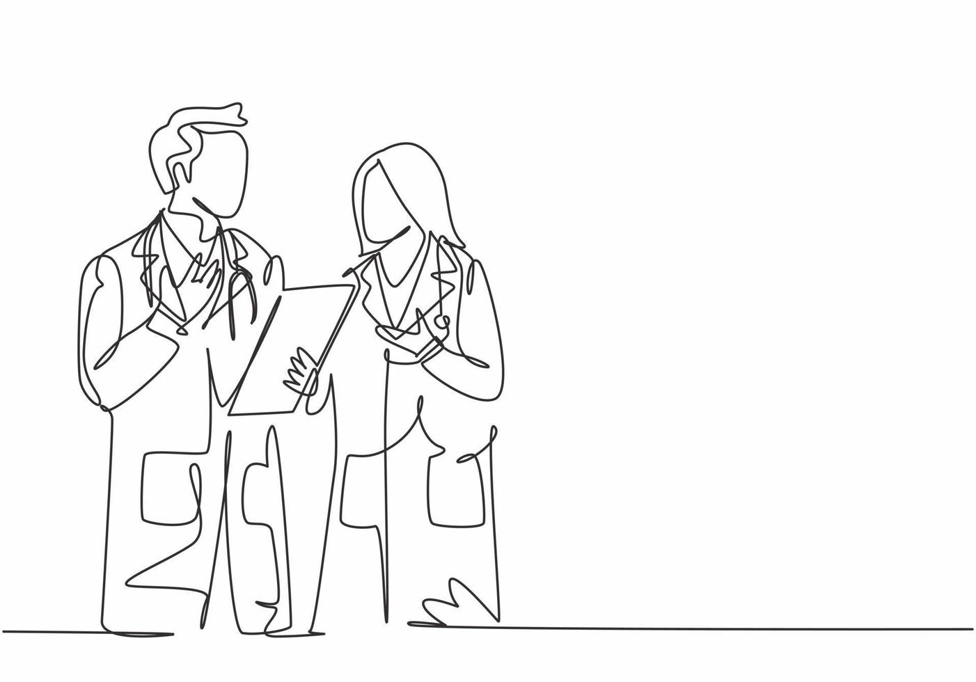 Single continuous line drawing of young male and female doctors talking and discussing patient medical record. Medical health workers service concept one line draw design graphic vector illustration