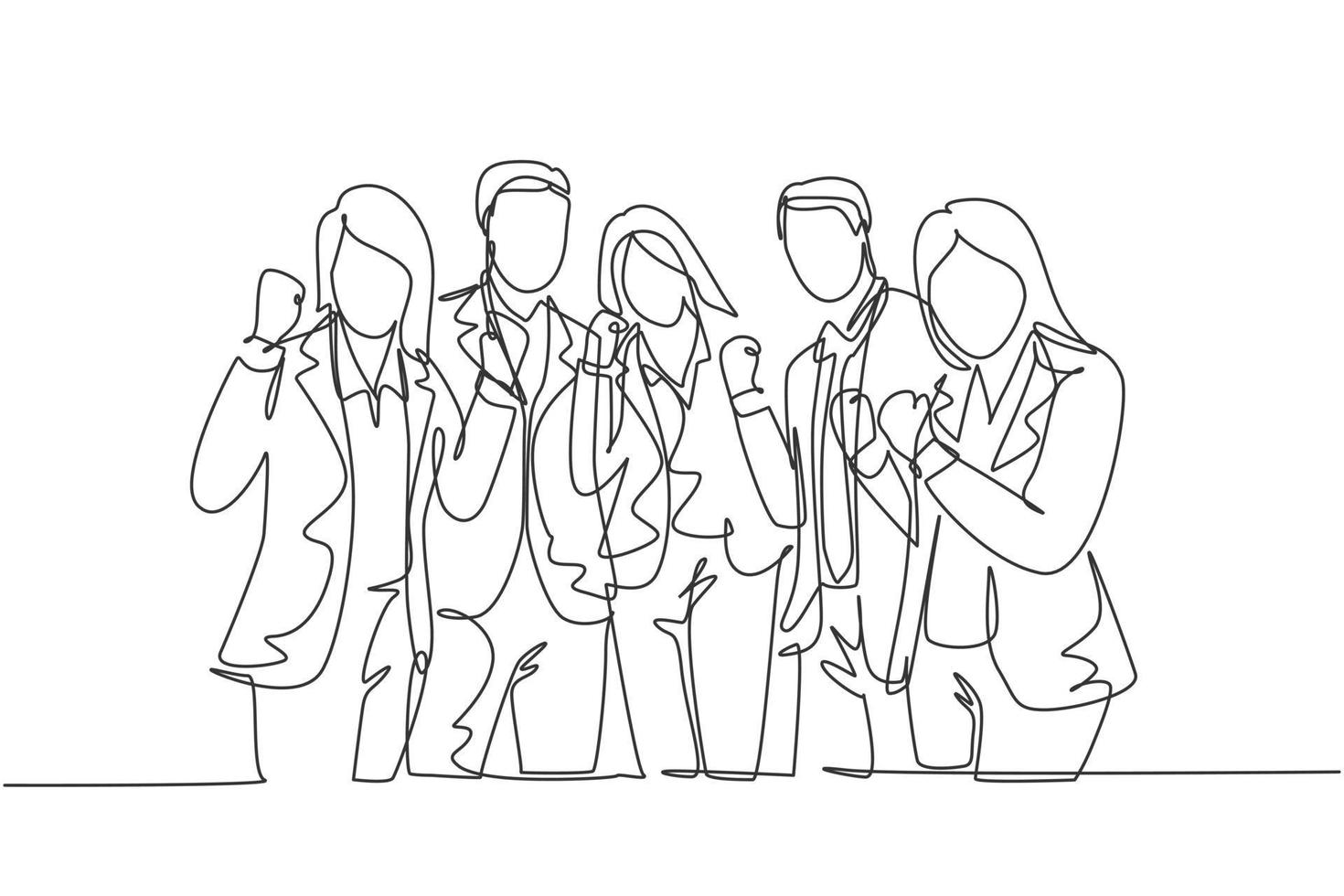 One continuous line drawing group of businessman and businesswoman line up neatly and fist hands together. Business teamwork celebration concept single line draw design graphic vector illustration