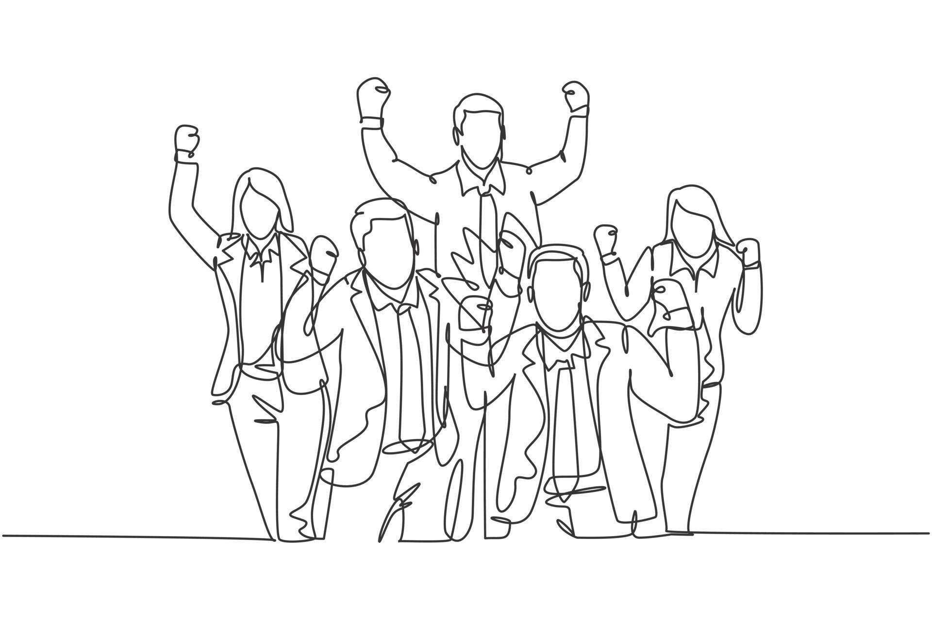 One single line drawing of young happy male and female workers standing ...