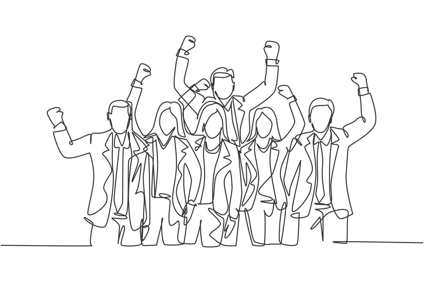 One single line drawing of young happy male and female manager open and raise their hands together. Trendy business teamwork celebration concept continuous line graphic draw design vector illustration