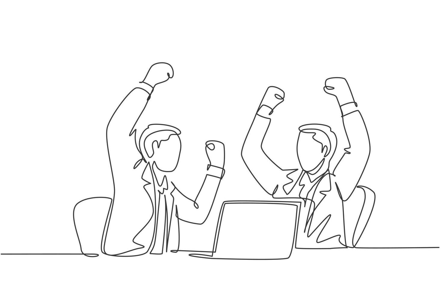One continuous line drawing of two young businessman raise their hands up to the sky after watching sales increasing on laptop. Business celebration concept single line draw design vector illustration