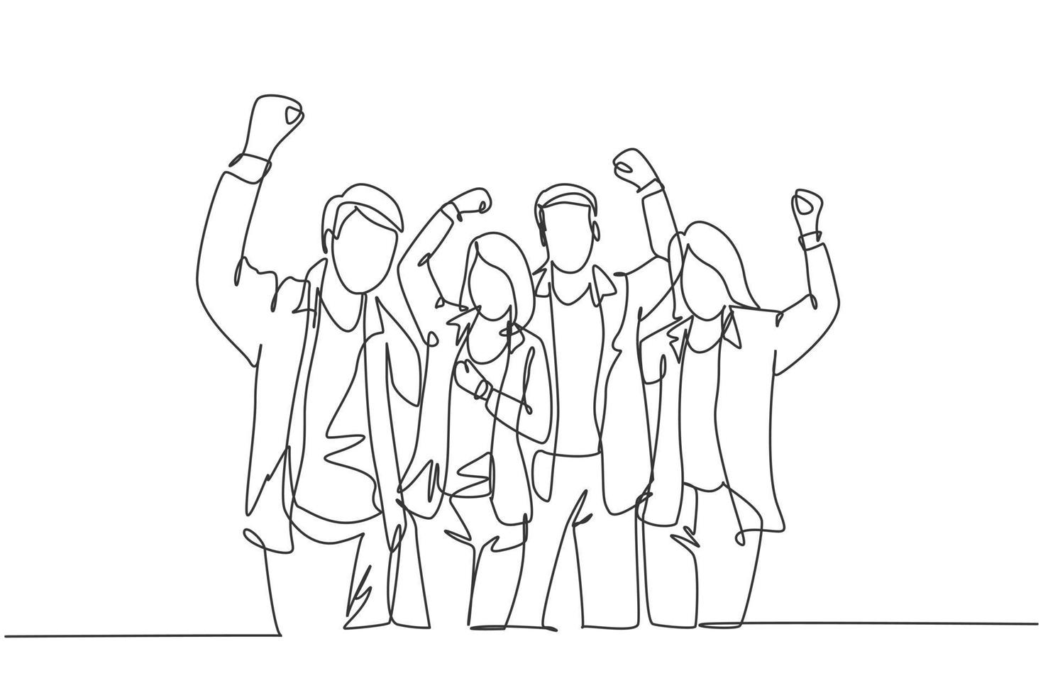 Single continuous line drawing of young happy company founder prancing with joy at the investor office together. Business teamwork celebration concept one line draw design vector graphic illustration