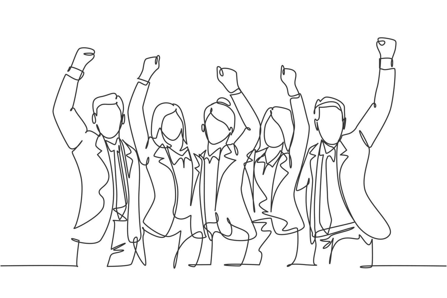 One continuous line drawing of young happy male and female managers raise their hands up to the sky together. Business teamwork celebration concept single line draw design graphic vector illustration