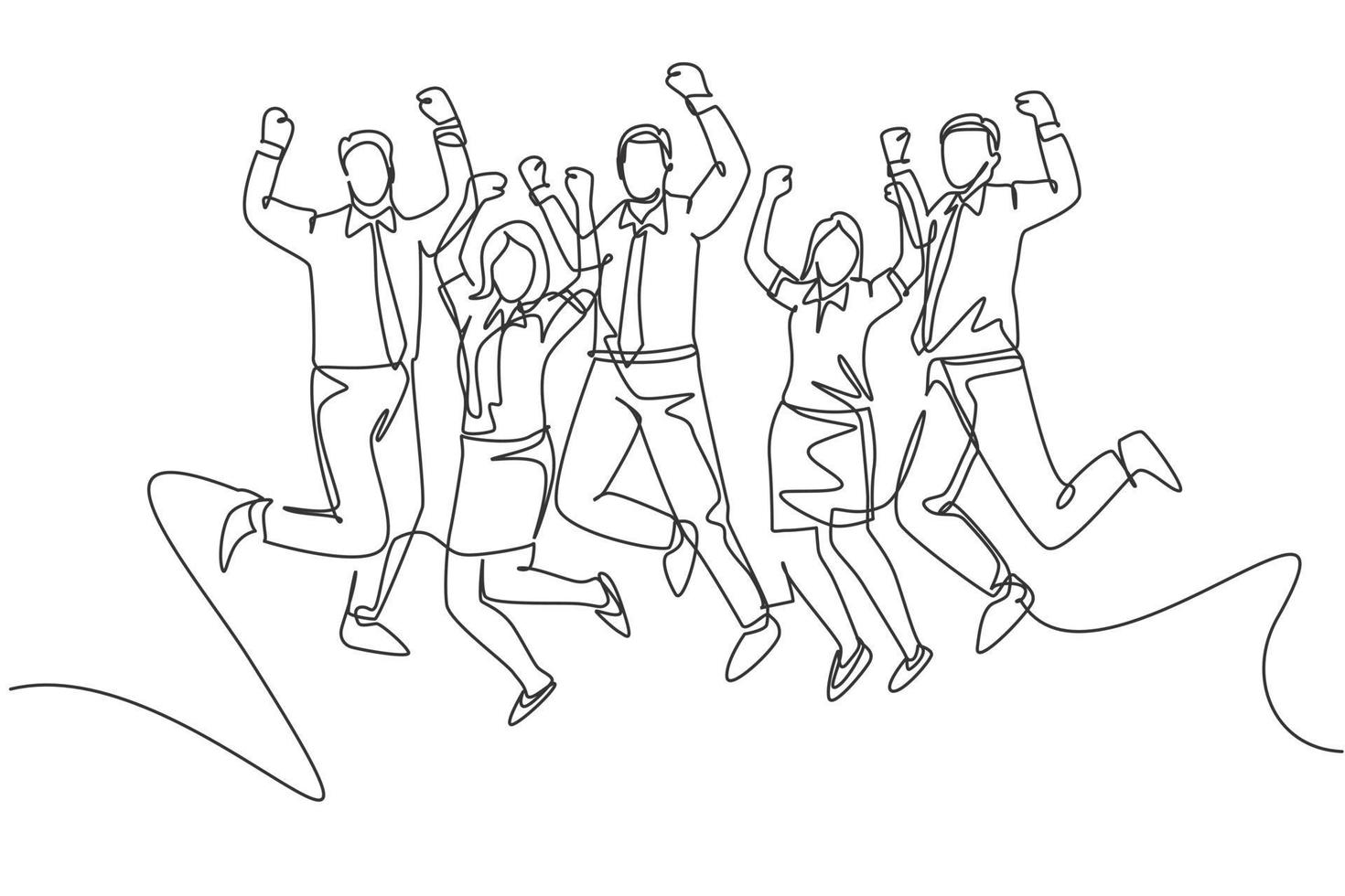 Single continuous line drawing of young happy male and female workers jumping after annual work meeting finish together. Business teamwork celebration concept one line draw design vector illustration