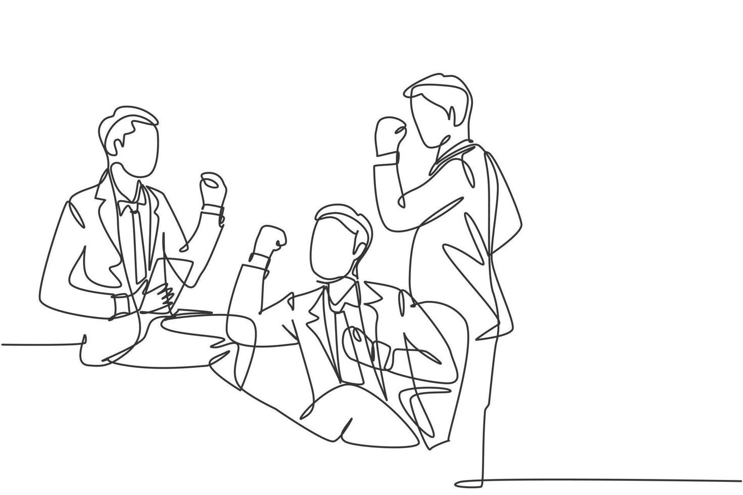 Single continuous line drawing of young happy businessmen celebrating their success in getting investment together. Business teamwork celebration concept one line draw design vector illustration
