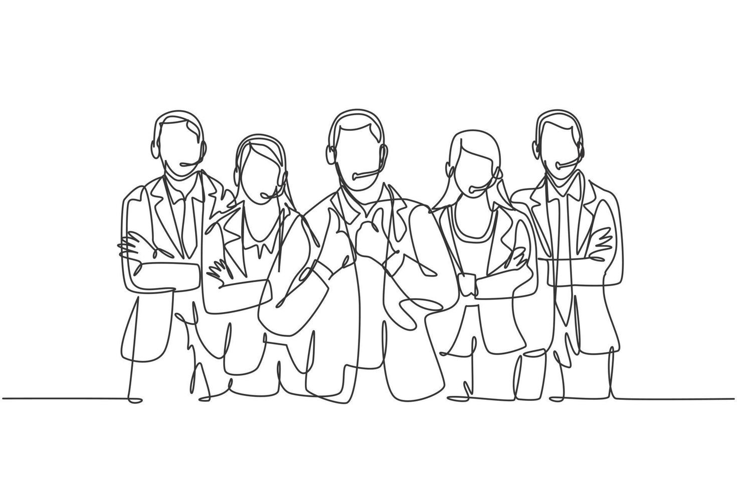 One single line drawing group of male and female customer service team members pose neatly in a straight line. Call center service excellence concept continuous line draw design vector illustration
