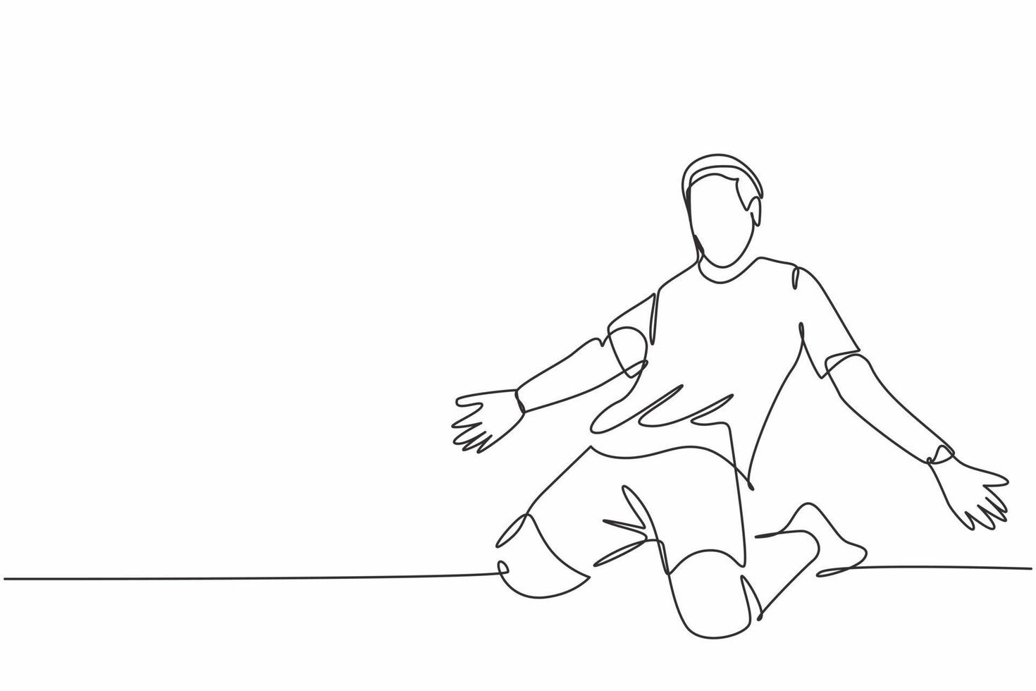 One continuous line drawing of young sporty soccer player spreading his arms and sliding over the field. Match goal scoring celebration concept single line draw design vector illustration