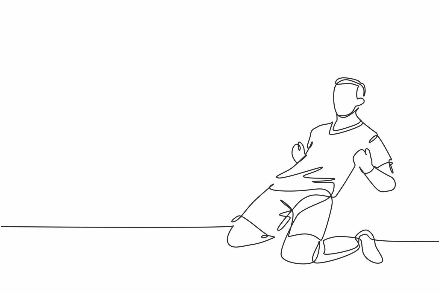 One continuous line drawing of young sporty soccer player sliding on the field emotionally after scoring a goal. Match goal scoring celebration concept single line draw design vector illustration