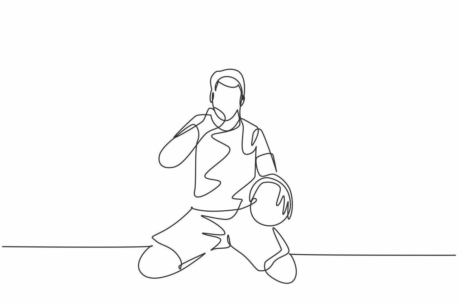 One continuous line drawing of young soccer player keeps the ball on hand and punch fist to the sky to celebrate the goal. Goal scoring celebration concept single line draw design vector illustration