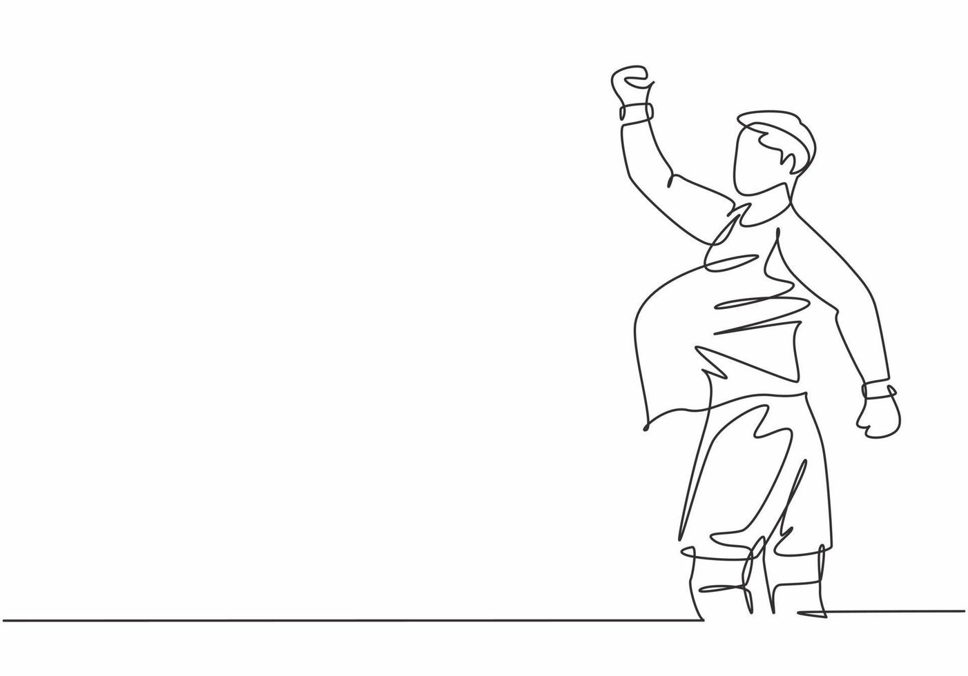Single continuous line drawing of young sporty soccer player make pregnant gesture using ball after scoring the goal. Match soccer goal celebration concept one line draw design vector illustration