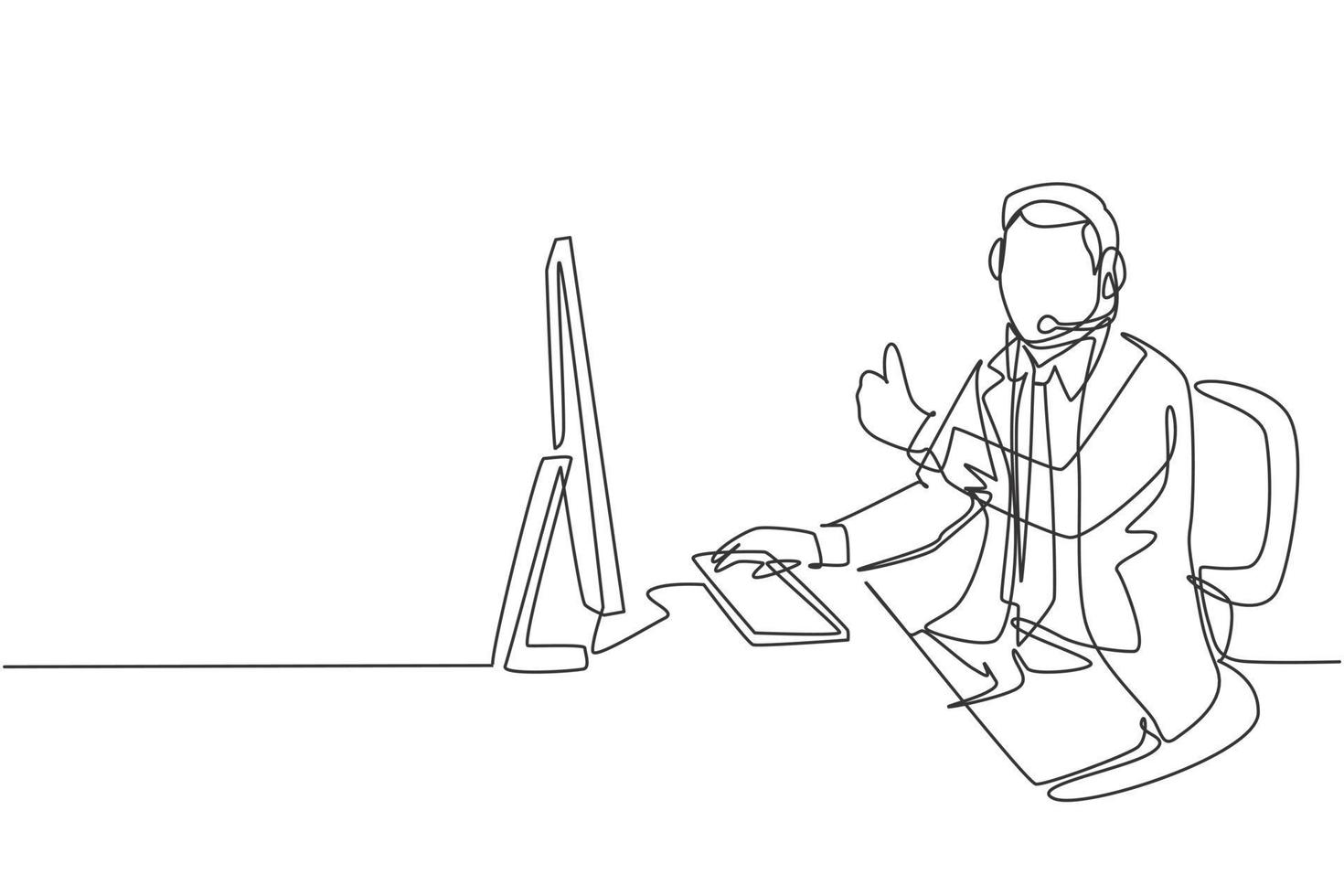 One continuous line drawing of young happy male call center worker giving thumbs up gesture while handle customer complaint. Customer service care concept single line draw design vector illustration