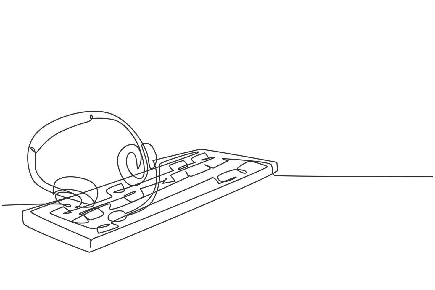 One single line drawing of headphone with microphone and keyboard on the work desk as customer service care equipment tools. Call center concept continuous line graphic draw design vector illustration