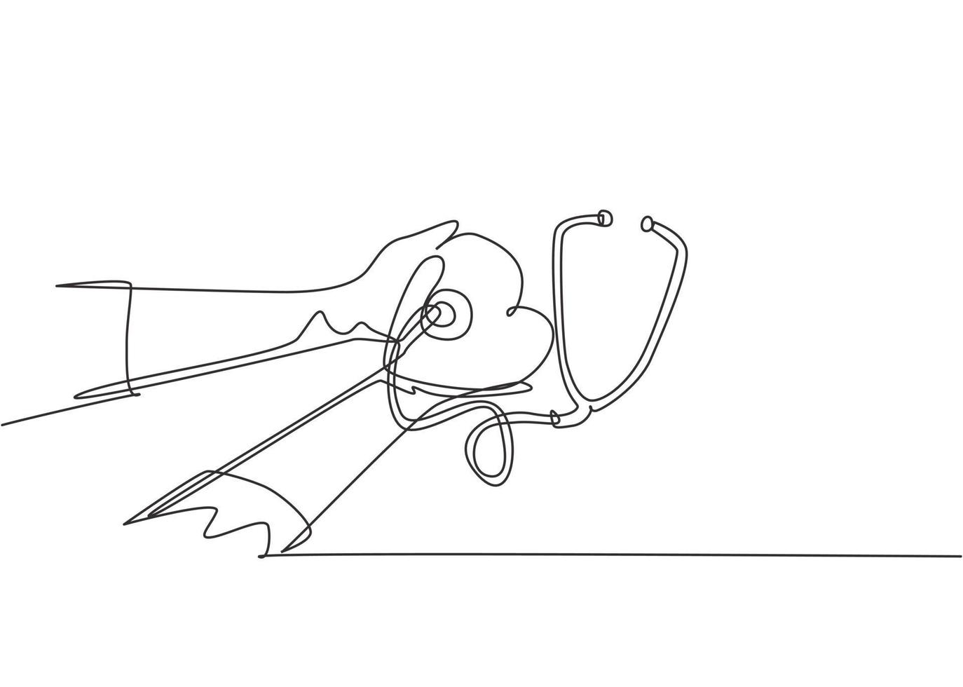 Un dibujo de una sola línea de un joven médico sosteniendo un estetoscopio y una decoración en forma de corazón como símbolo de un latido cardíaco saludable. concepto de atención médica médica dibujo de línea continua diseño gráfico vectorial ilustración vector