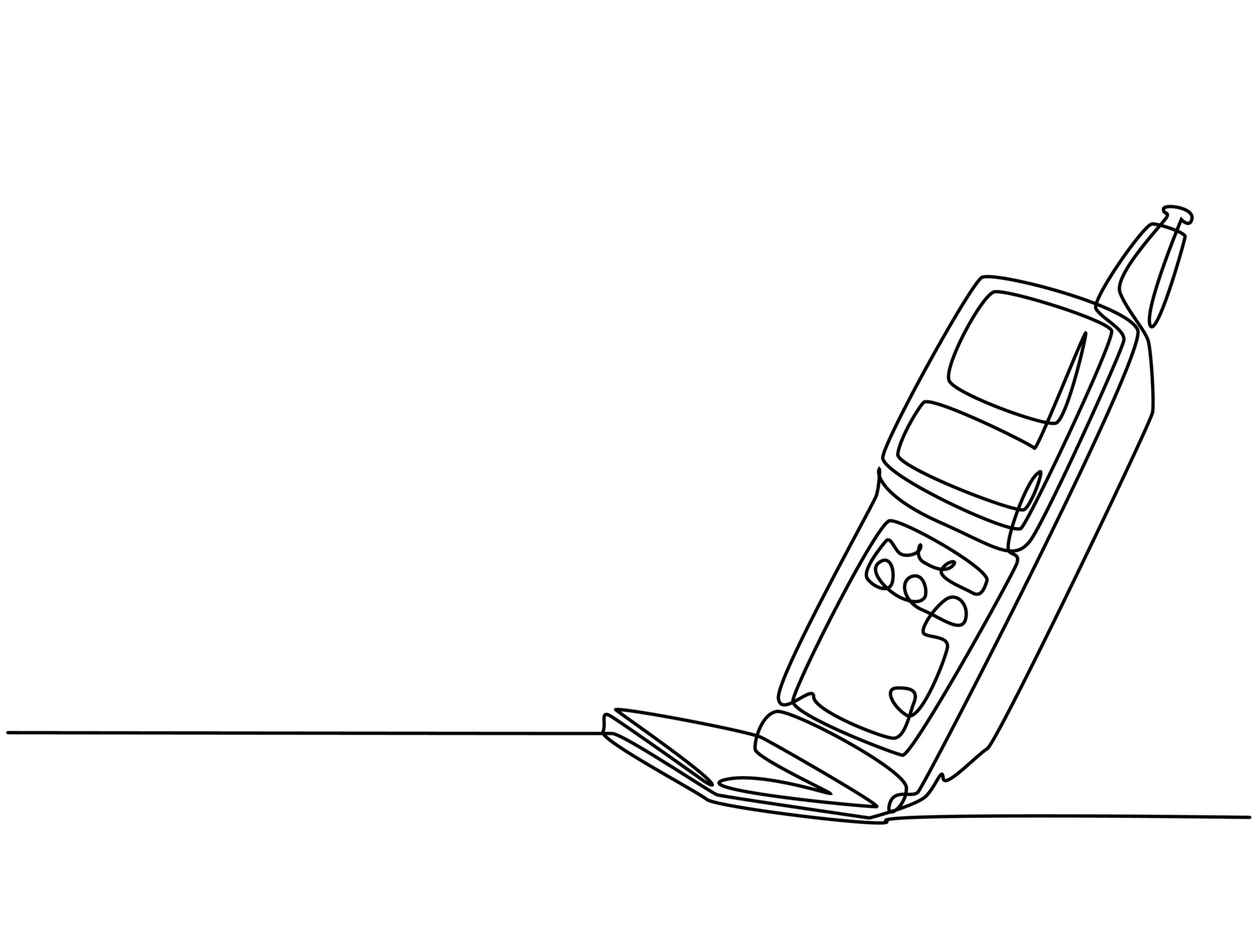 One single line drawing of old retro flip cellular phone. Vintage