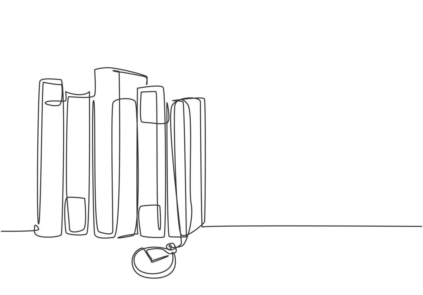 One single line drawing stack of retro old classic books line with pocket analog watch hanging. Vintage library item concept continuous line draw design vector illustration graphic