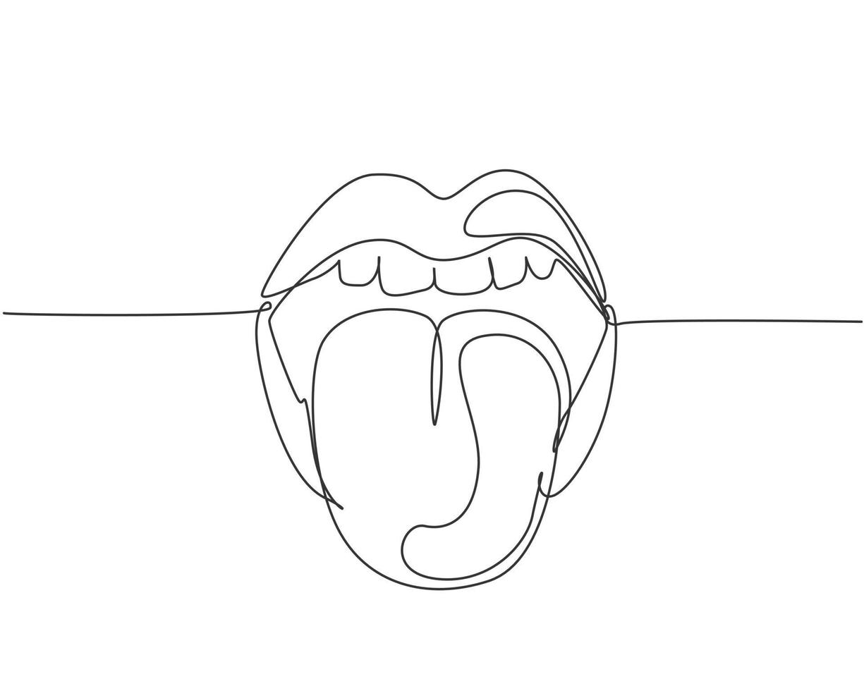 One continuous line drawing of old retro classic iconic logo lips and tongue from 80s era. Vintage icon item concept single line draw design graphic vector illustration