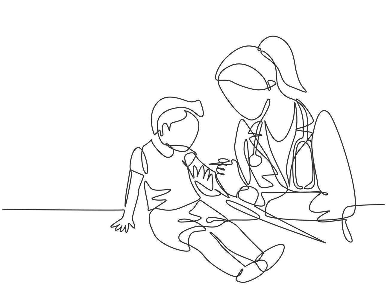 Single continuous line drawing of female pediatric doctor giving vaccine immunization injection to young boy patient. Medical health care treatment concept one line draw design vector illustration