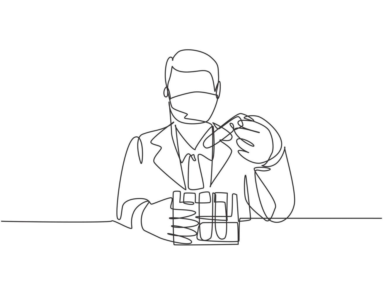 One continuous line drawing of young male laboratorian test blood sample from glass tube to find covid-19 vaccine. Coronavirus medical research concept single line draw design vector illustration