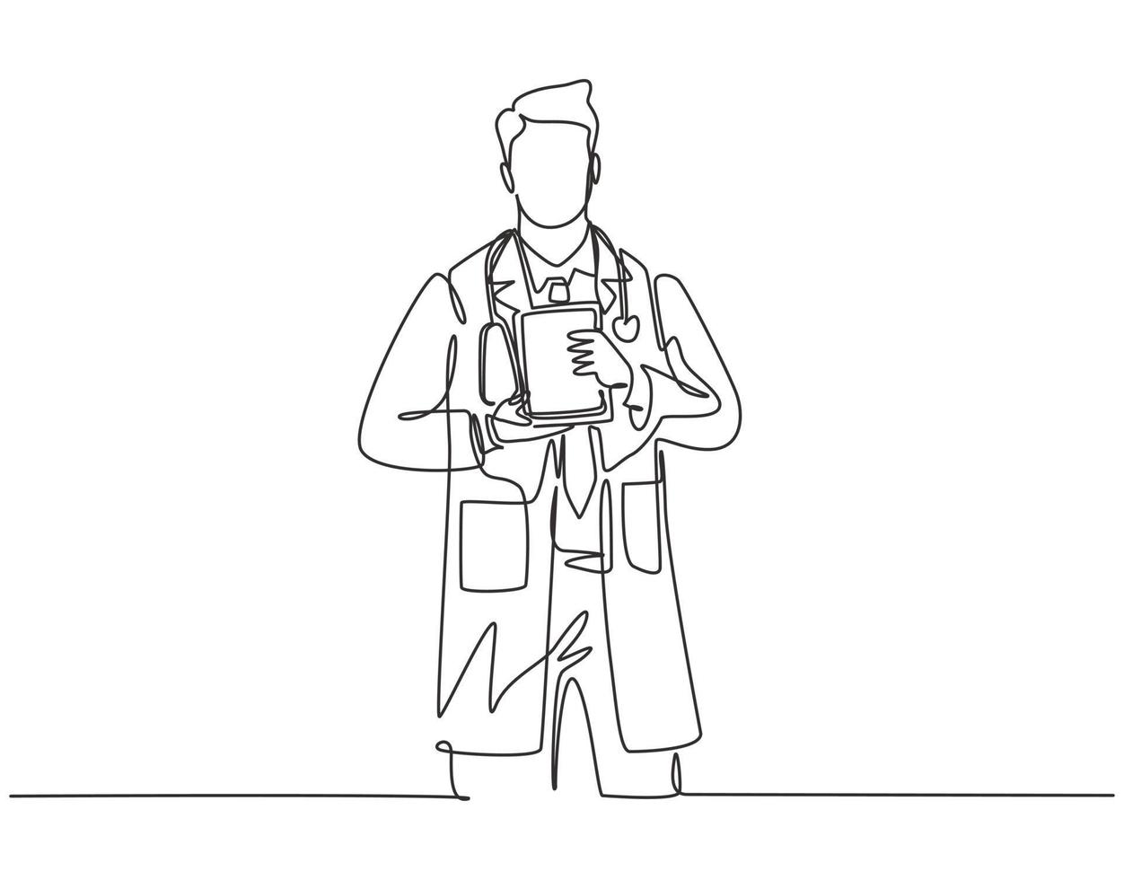 Single continuous line drawing of young smart male doctor showing award about innovation technology to cure patient. Medical invention achievement concept one line draw design vector illustration