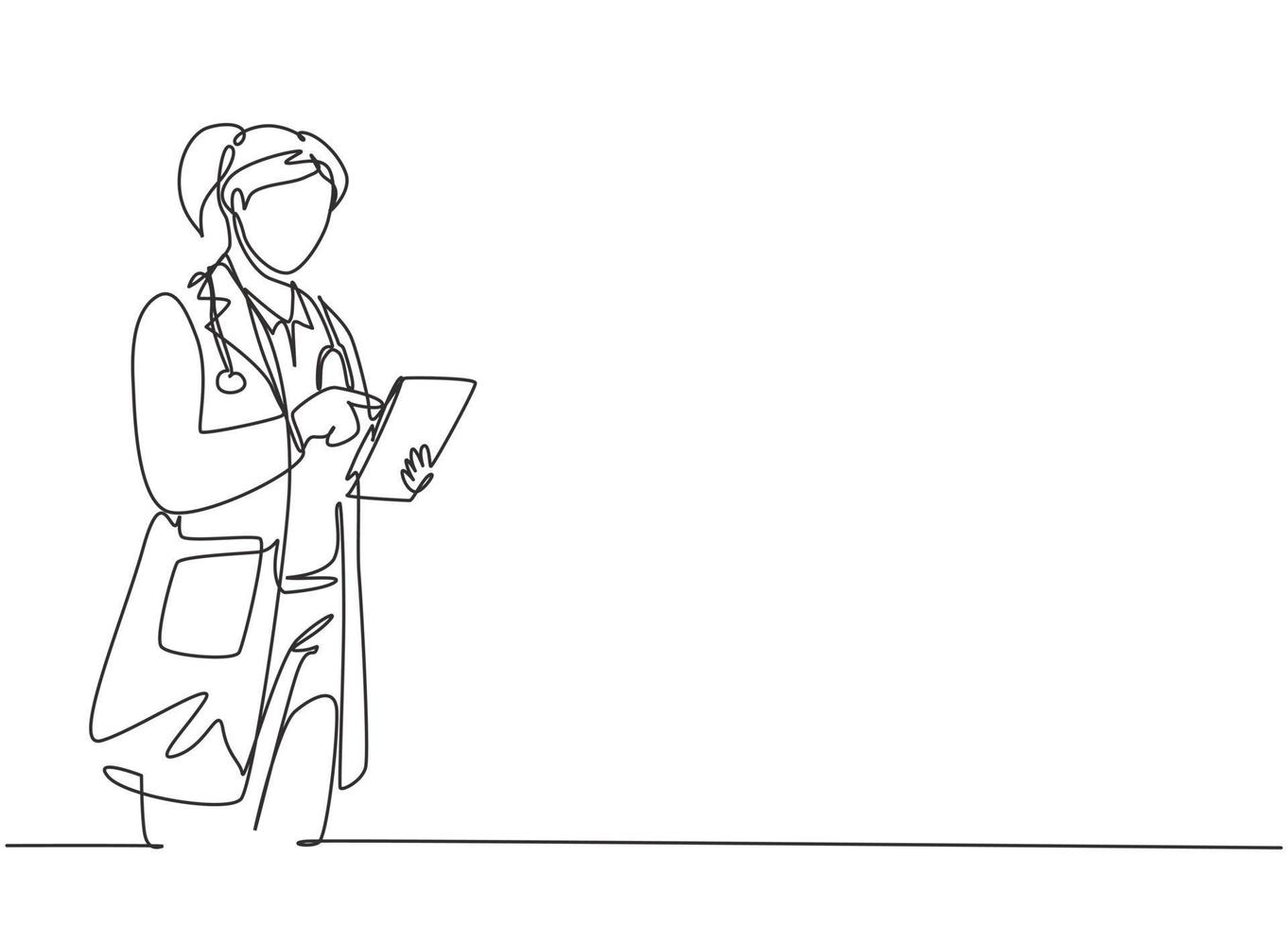 Single continuous line drawing of young female doctor standing and holding clipboard to check sick patient condition at hospital. Medical health care concept one line draw design vector illustration