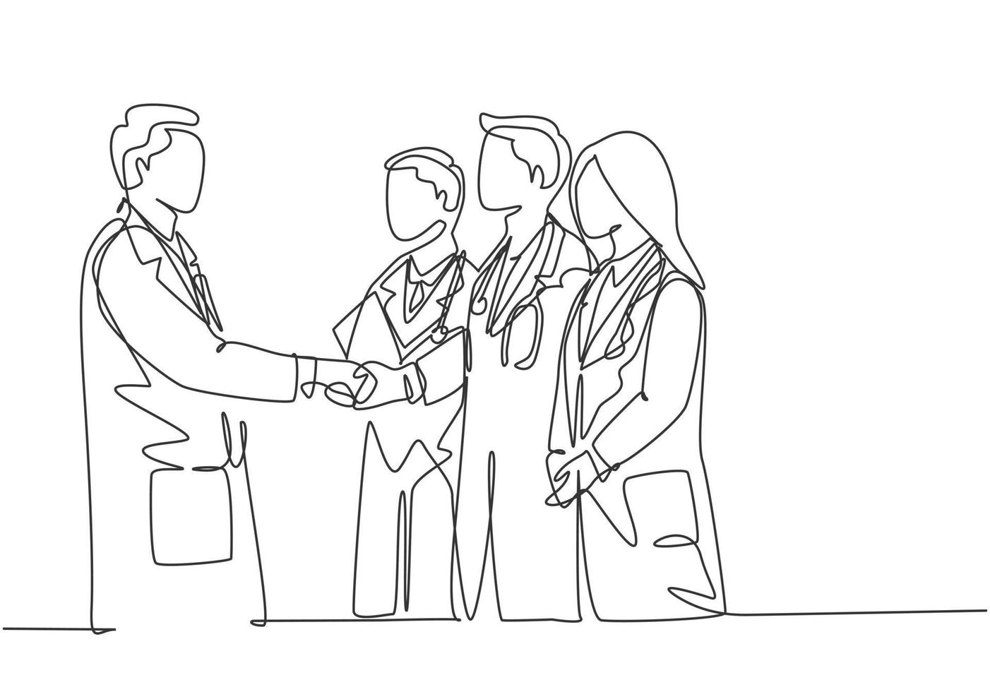 One continuous single line drawing of hospital head giving congratulate handshake to group of doctors for the achievements. Medical award concept single line draw graphic design vector illustration