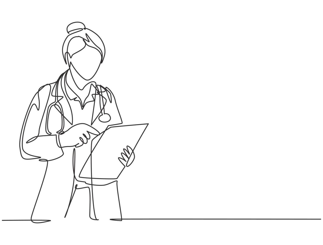 One single line drawing of young female doctor reading patient medical record on clipboard while stand at hospital hallway. Medical health care concept continuous line draw design vector illustration