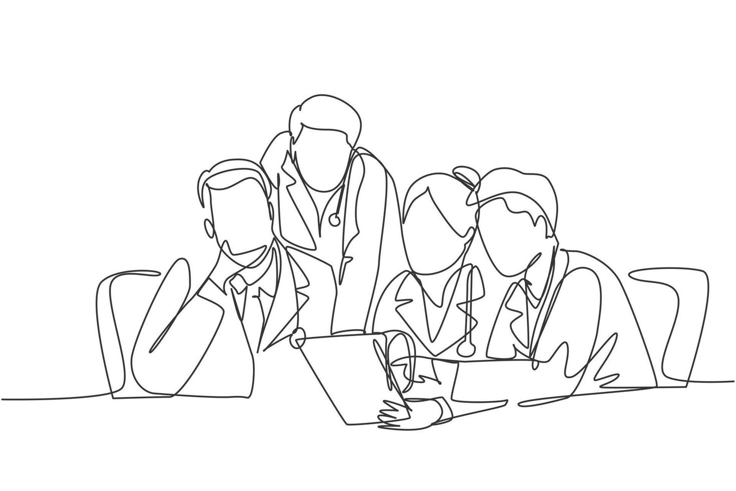 One continuous single line drawing group of male and female doctors discussing and diagnosing patient's disease at hospital room. Medical meeting concept single line draw design vector illustration
