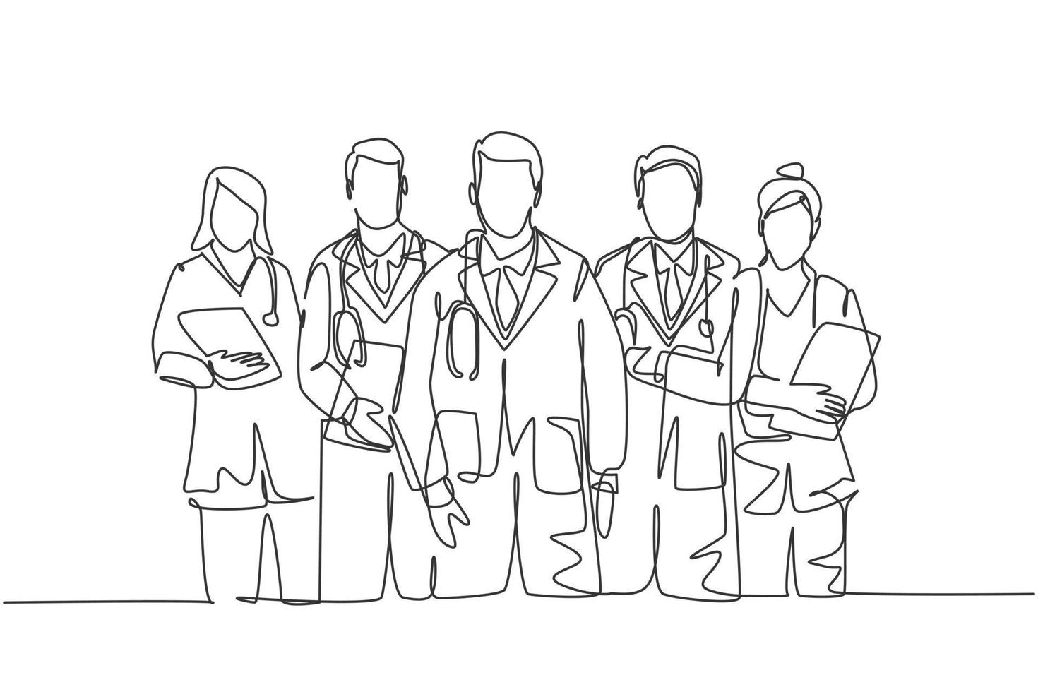 Single continuous single line drawing group of talented male and female doctors standing and posing together at hospital. Medical health care treatment concept one line draw design vector illustration
