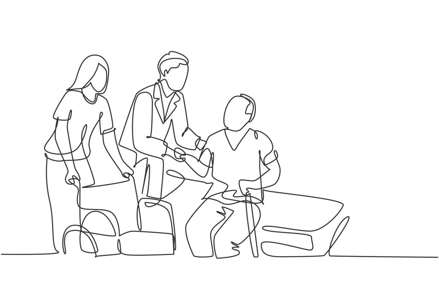 One single line drawing of young male doctor helping old patient get to wheelchair from hospital bed. Trendy medical health care service concept continuous line draw design vector graphic illustration