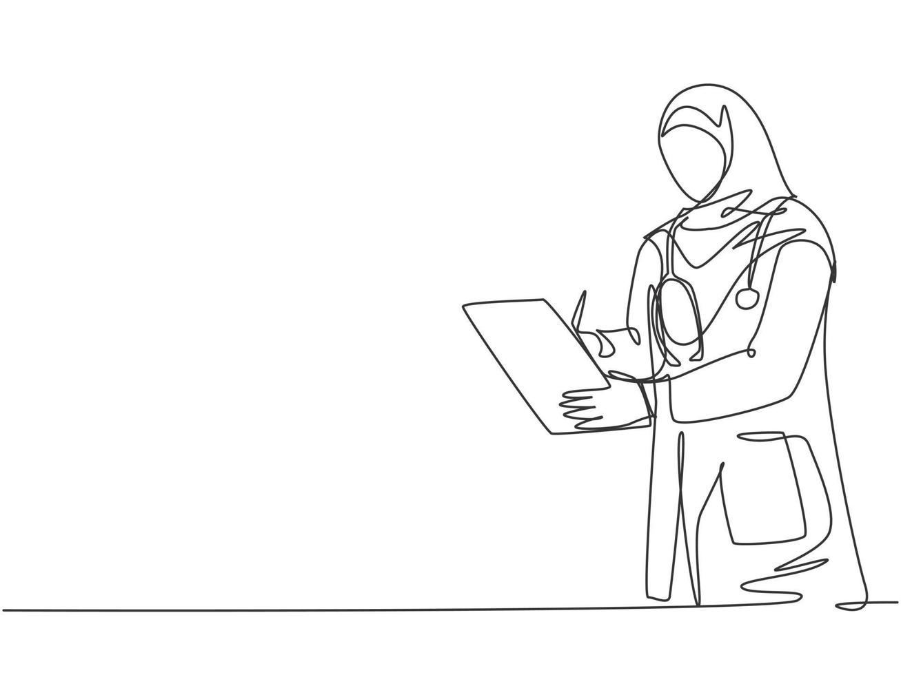 One single line drawing of young Arabian muslimah doctor wearing hijab writing medical report on clipboard at hospital. Medical health care concept continuous line draw design vector illustration