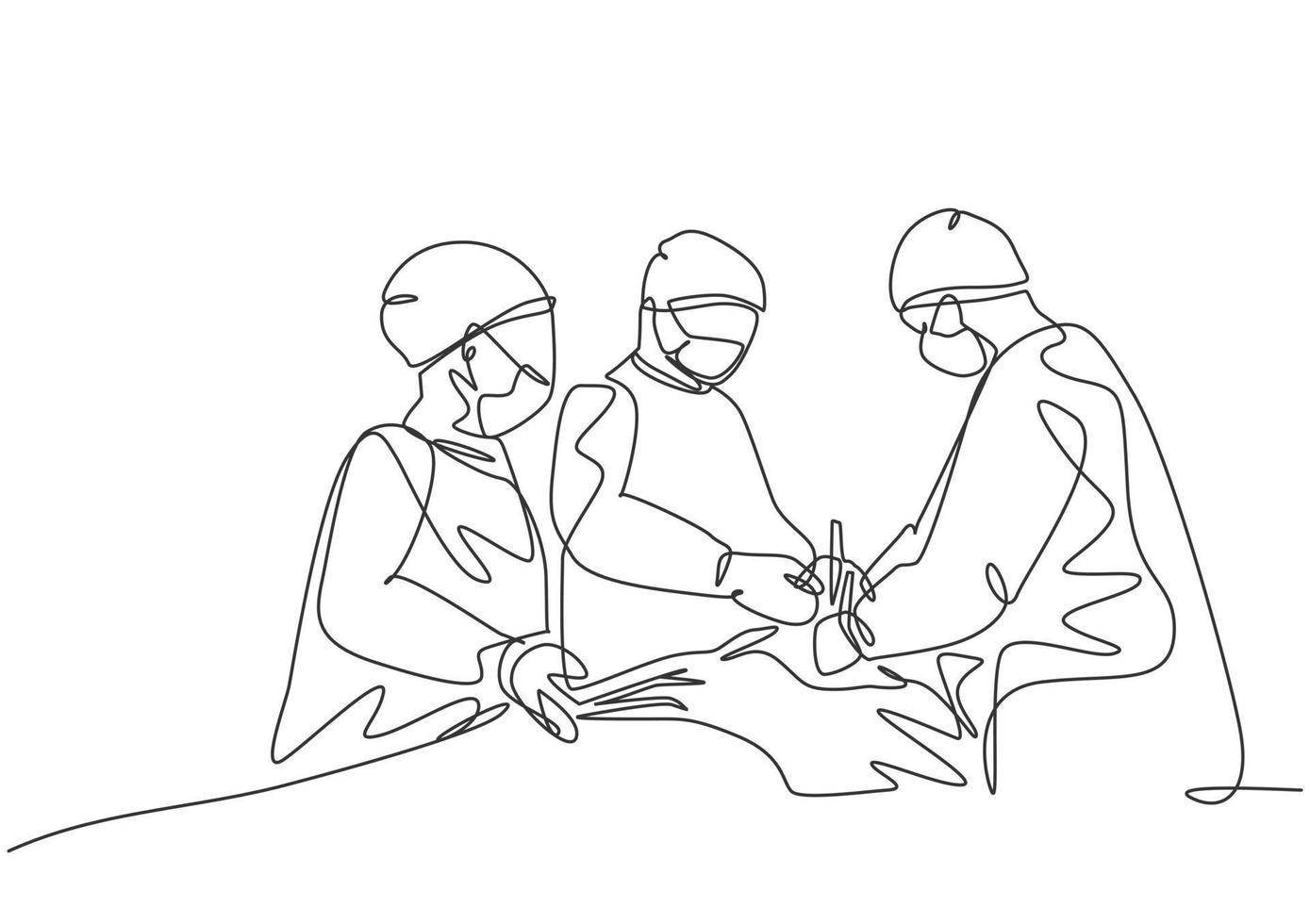 Un solo grupo de dibujo continuo de una sola línea del equipo médico cirujano que realiza una cirugía al paciente crítico en la sala de operaciones quirúrgicas. Concepto de cirugía médica ilustración de vector de diseño de dibujo de una línea