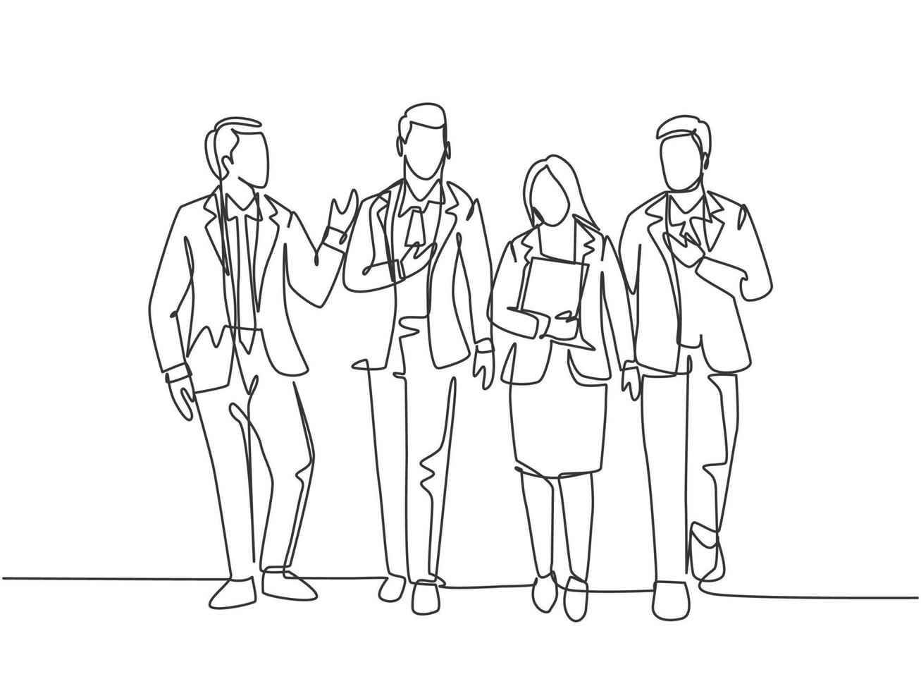 Single continuous line drawing of young businessman and businesswoman walking and talking together on office lobby. Urban commuter workers concept one line draw design vector illustration