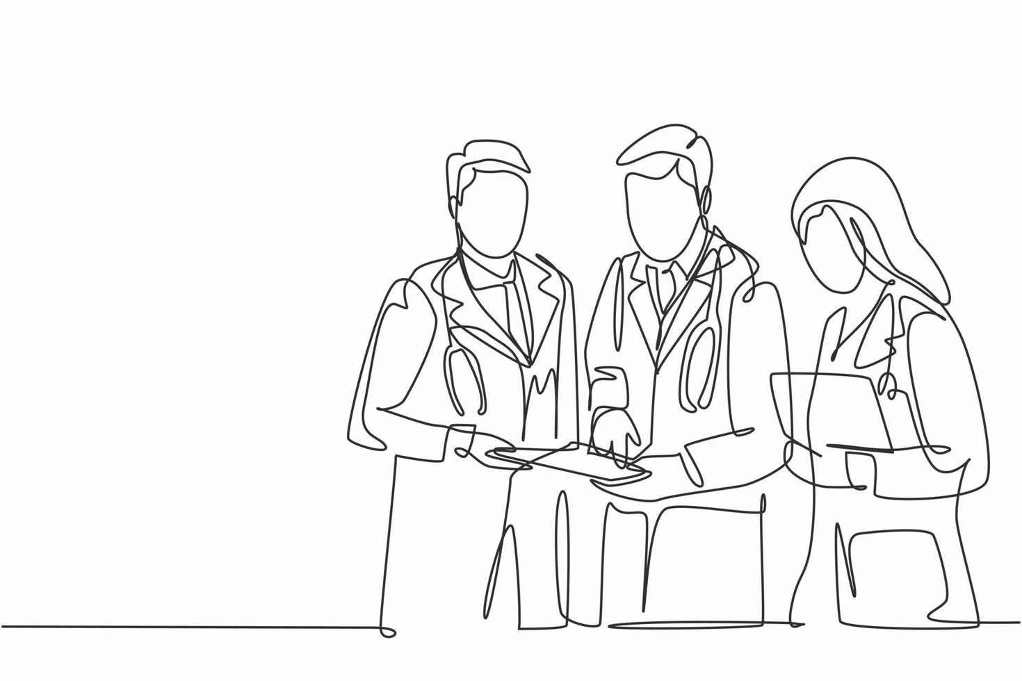 One continuous line drawing of senior doctor giving mentoring to the young male and female doctors at the hospital hallway. Hospital health care concept single line draw design vector illustration