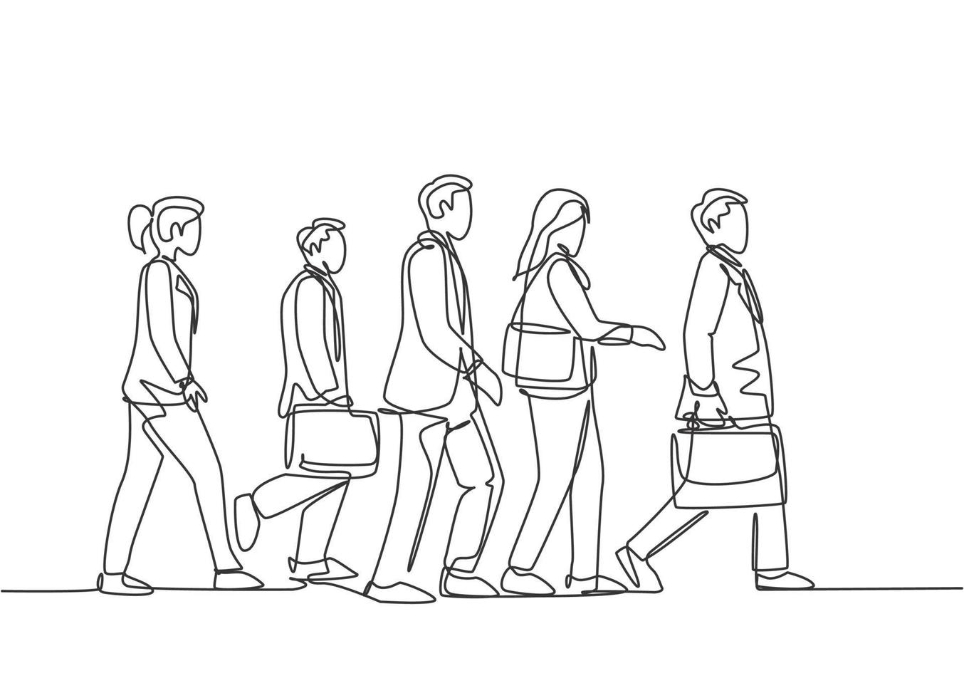 One continuous line drawing of group male and female urban commuters walking pass over on city street go to the office. Urban commuter workers concept single line draw design vector illustration