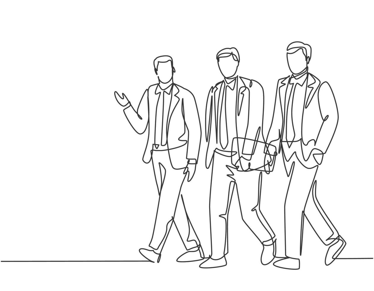 One continuous line drawing of young happy businessmen walking together and discussing new big collaboration project. Urban commuter workers concept single line graphic draw design vector illustration