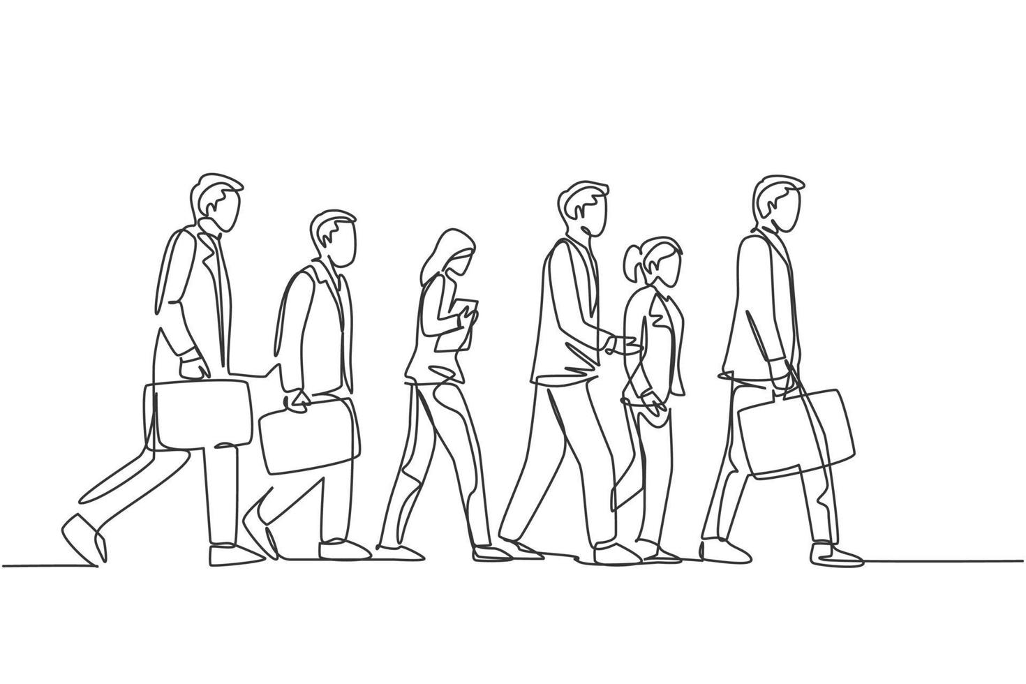 One continuous line drawing of group urban male and female commuters walking every day on city road go to the office. Urban commuter workers concept single line draw design vector illustration