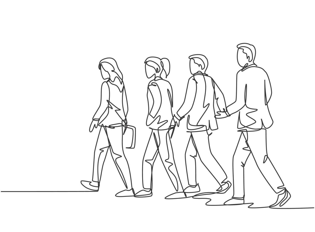 One continuous line drawing of group urban male and female commuters walking every day on city road go to the office. Urban commuter workers concept single line draw graphic design vector illustration