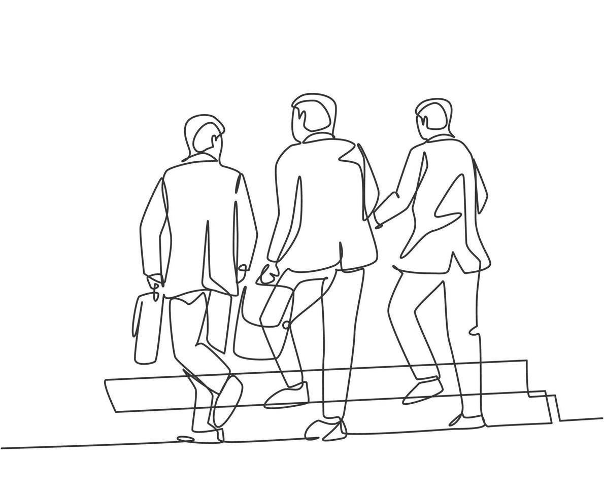 One single line drawing of young male businessmen discussing work while walking together on city street to the office. Urban commuter workers concept continuous line draw design vector illustration