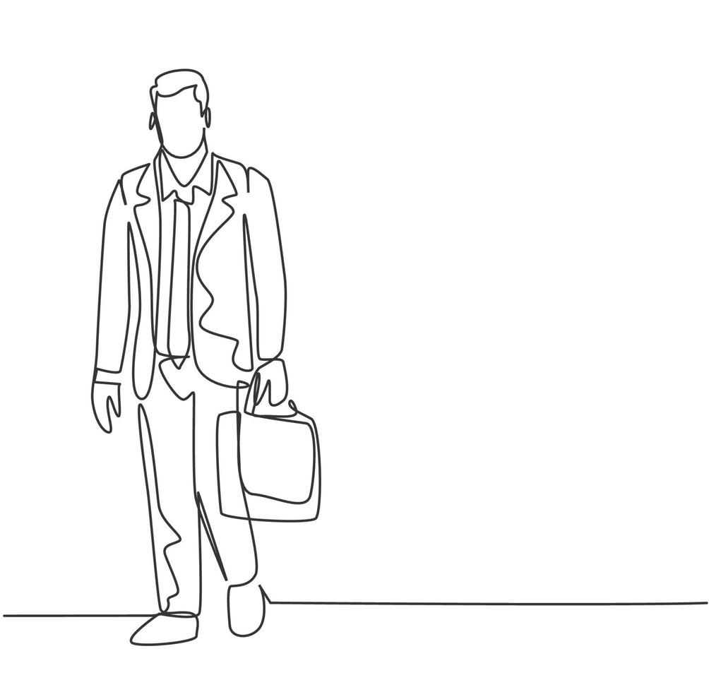 un dibujo de una sola línea del joven gerente masculino caminando por la calle de la ciudad para ir a la oficina mientras sostiene la maleta. Ilustración de vector de diseño de dibujo de línea continua de concepto de trabajador de cercanías urbano