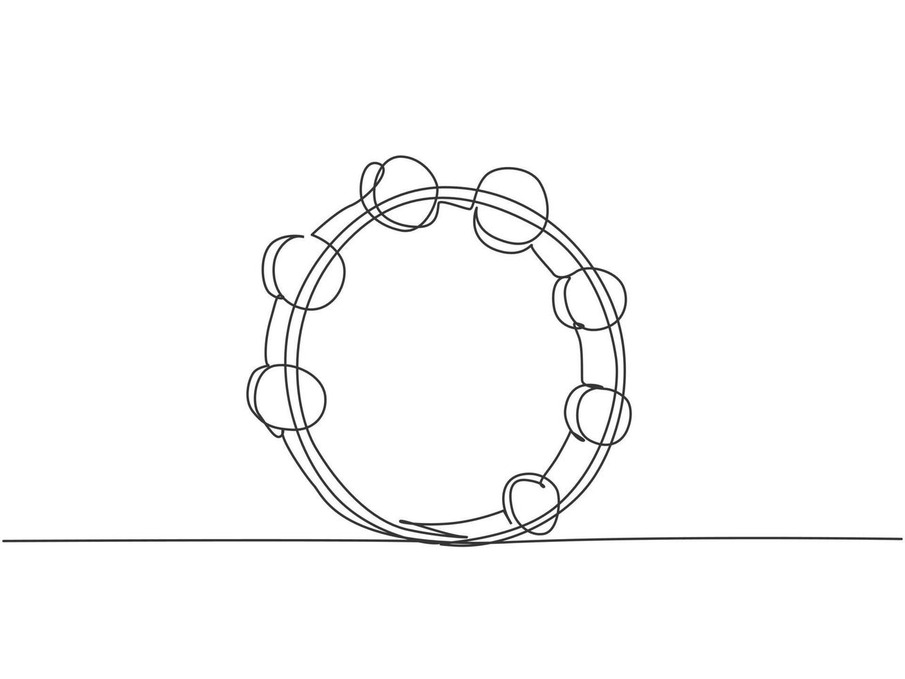 One continuous line drawing of round circle tambourine. Dynamic percussion music instruments concept single line draw graphic design vector illustration