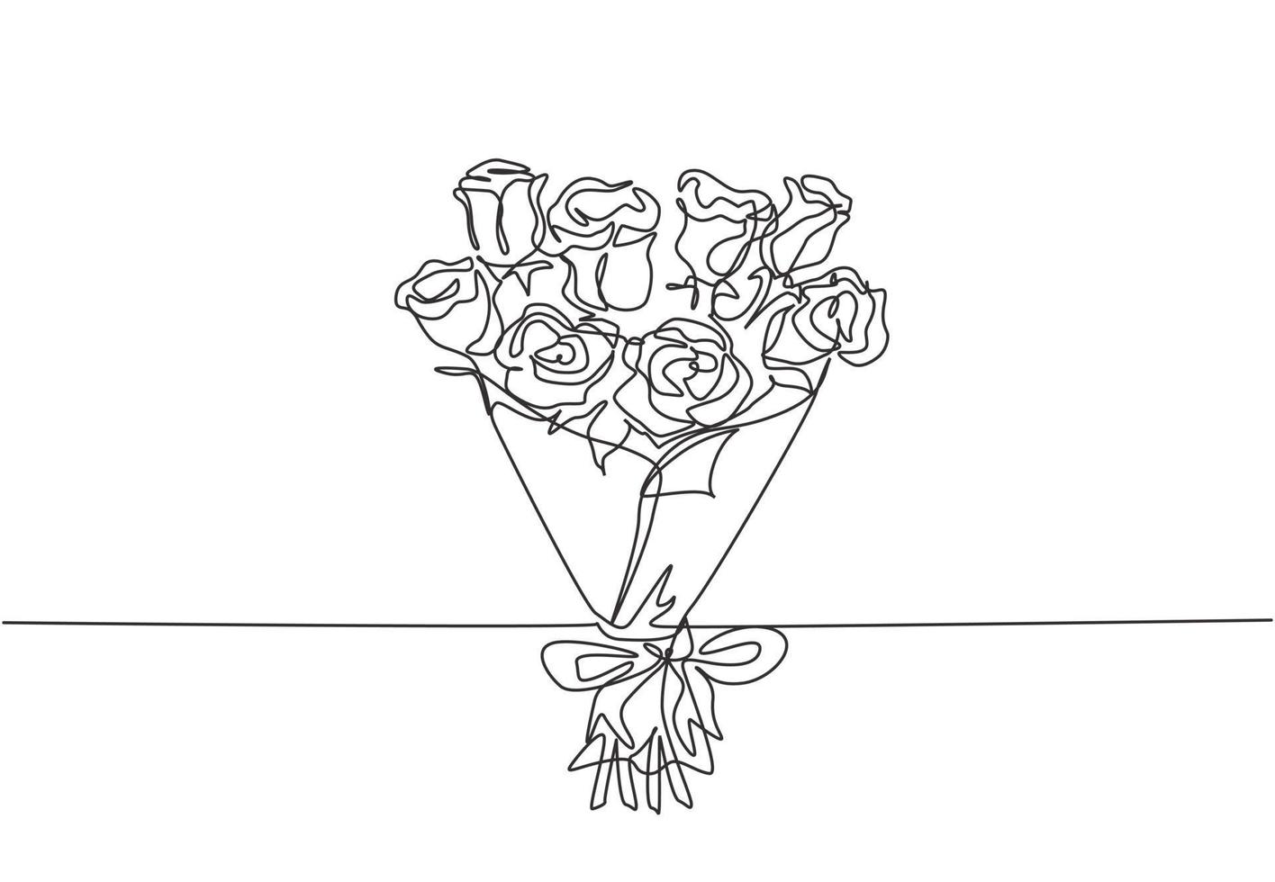 Single continuous line drawing of beautiful fresh rose flower bouquet. Dynamic beauty greeting card, invitation, logo, banner, poster concept one line draw design graphic vector illustration