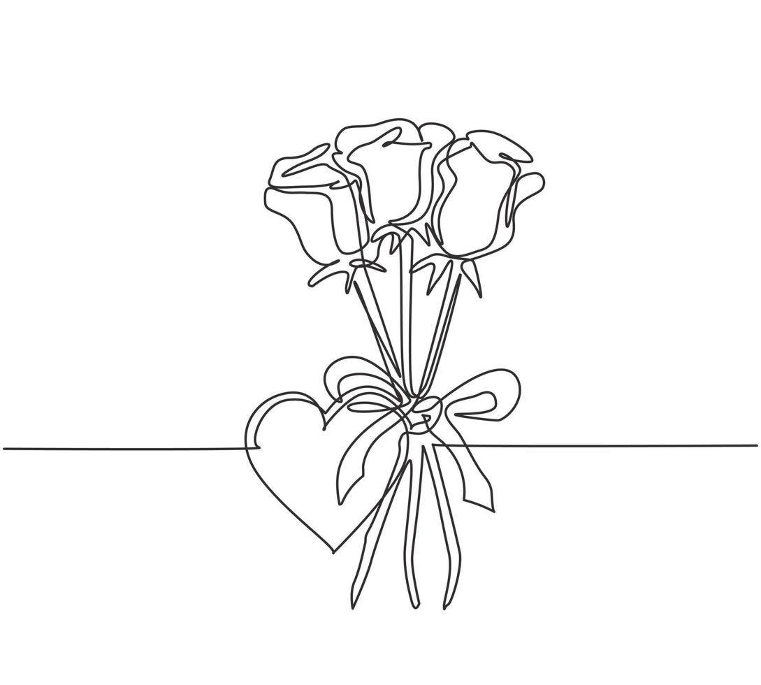 One single line drawing of beautiful rose flower bouquets with heart shape greeting card. Trendy invitation, logo, banner, poster concept continuous line draw design graphic vector illustration