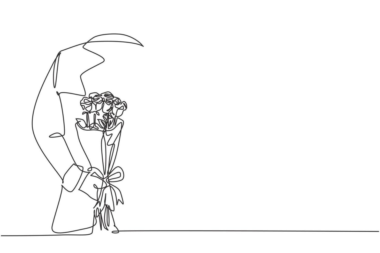 One single line drawing of young happy man hiding bouquet of beautiful rose flowers as a gift on his back. Greeting card, invitation, poster concept continuous line draw design vector illustration