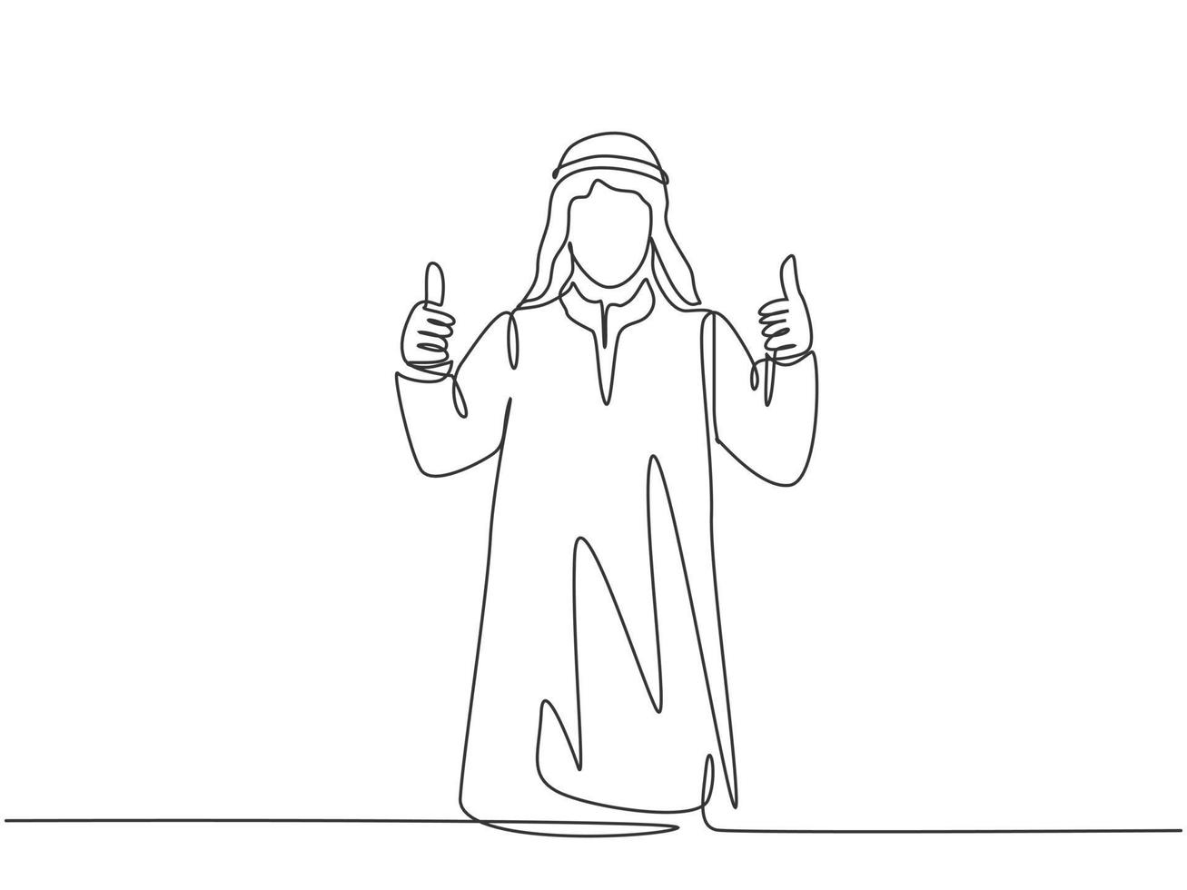 un dibujo de una sola línea de un joven miembro del equipo de inicio musulmán feliz dando el pulgar hacia arriba gesto. tela de arabia saudita shmag, kandora, pañuelo en la cabeza, thobe, ghutra. Ilustración de vector de diseño de dibujo de línea continua