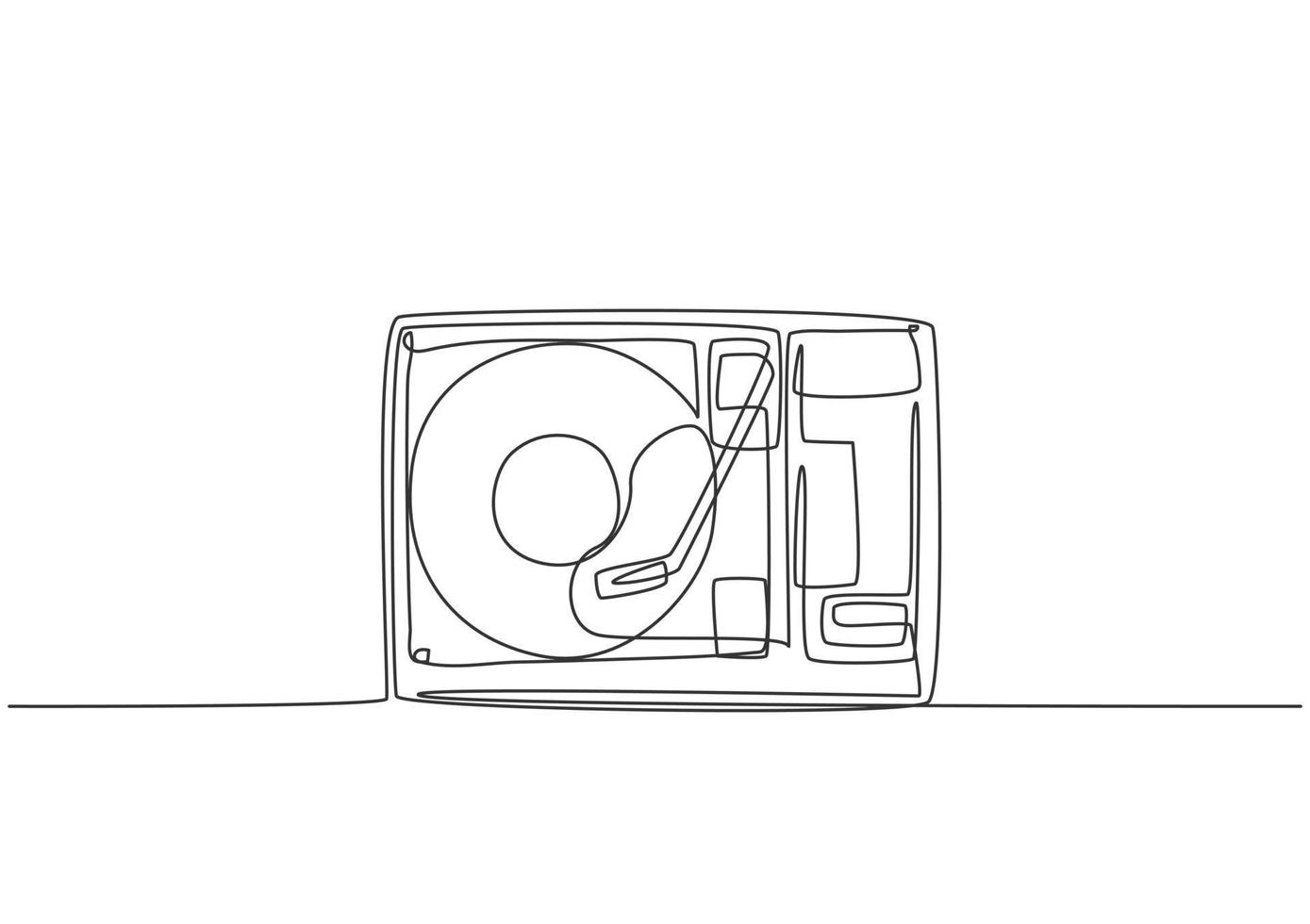 Single continuous line drawing of retro old classic portable music turntable vinyl disc jockey. Vintage analog audio player item concept one line graphic draw design vector illustration